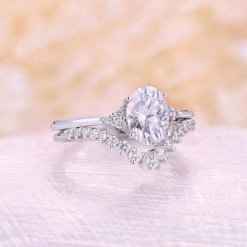 Solid 14K White Gold Moissanite Wedding Bridal Ring Set 2 Carat Oval Cut VVS1 - Picture 5 of 8
