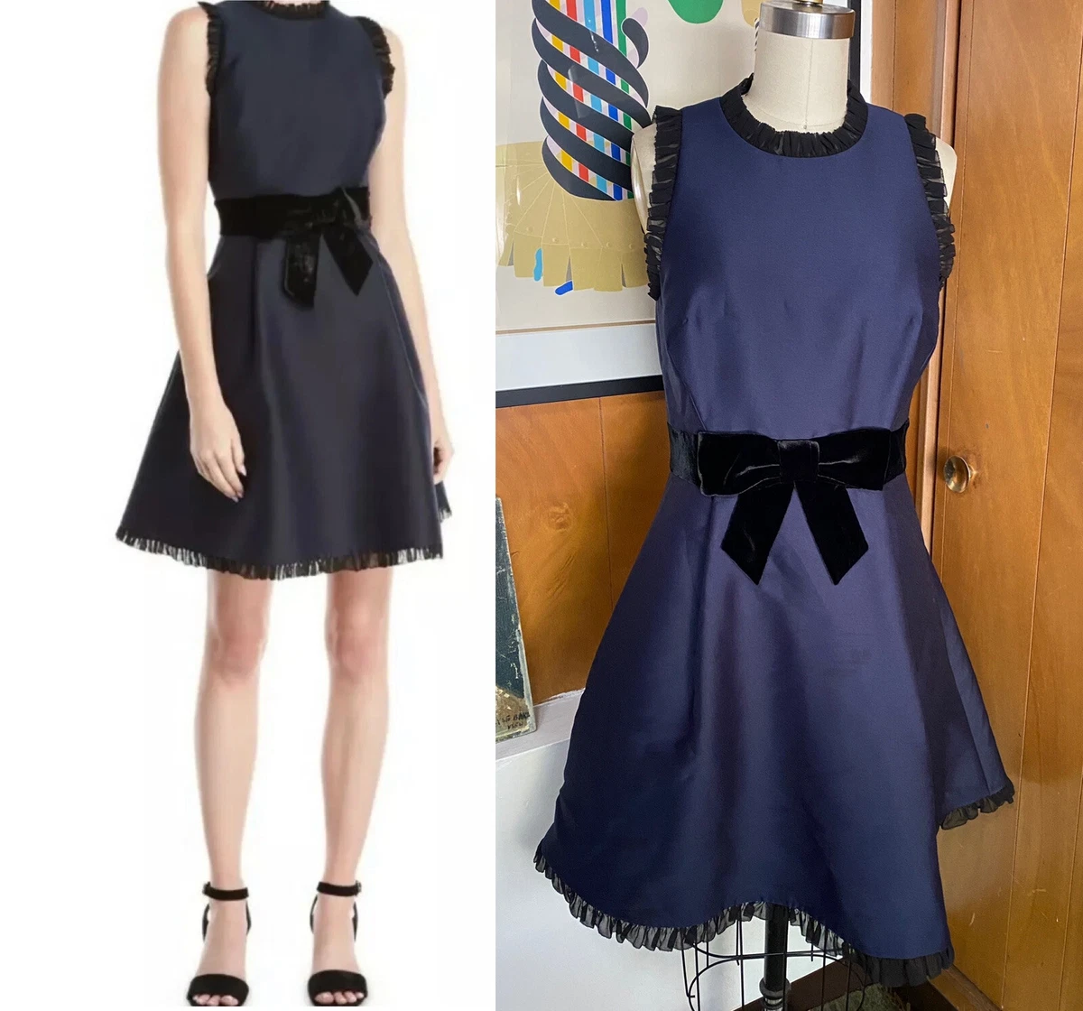 KATE SPADE Star Bright navy black Velvet Bow Dress Sz 4 mini sleeveless  Flare