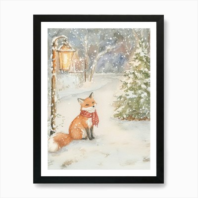 Fox In The Snow. Watercolor Christm Framed Wall Art Poster Canvas Print Picture