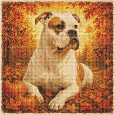 American Bulldog Welpe Hund im Herbst. Kreuzstich gezählt