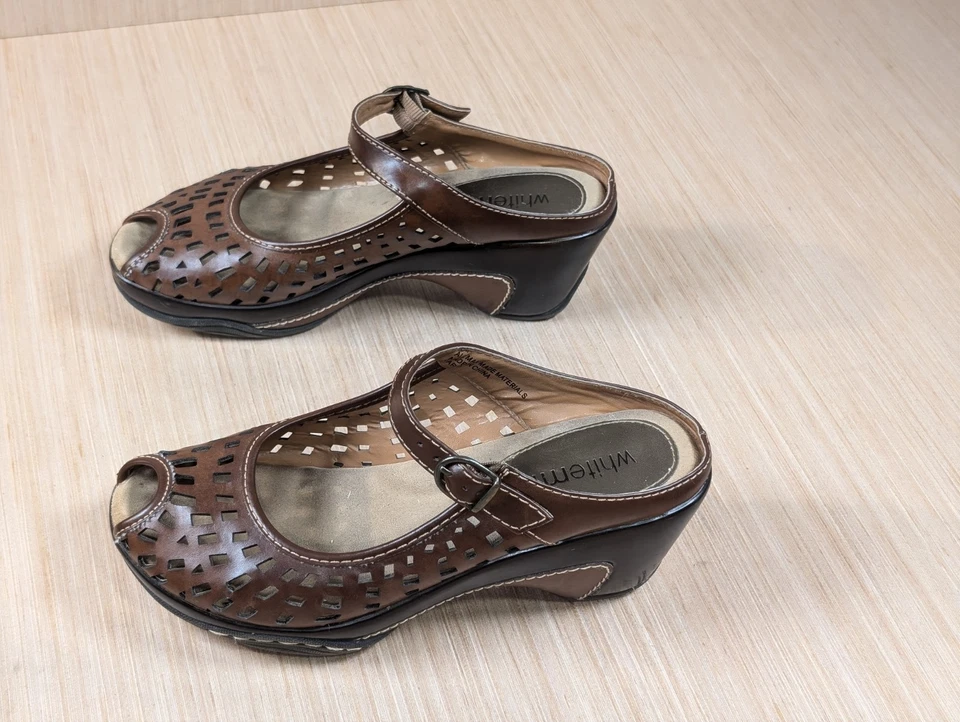 Zuecos de mula WhiteMt Peep Toe marrón imitación cuero talla 8M correa Mary Jane gruesa Foto 4 de 4