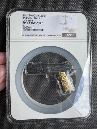 2024 Chad Gilt Black & Gold 2 Oz Silver .45 Caliber Pistol NGC MS70 Antiqued
