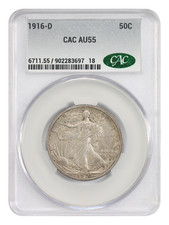 1916-D 50C CACG AU55 - Walking Liberty Half Dollar - First Year D-Mint