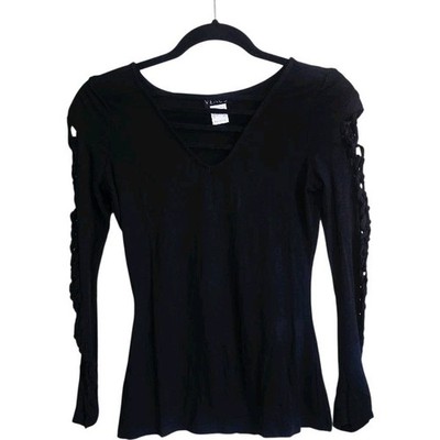 Venus Womens XS Black Long Sleeve Cutout Braided Sleeve V Neck Top Boho Y2K Goth