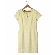 Talbots Sheath Dress Women 10 Yellow Tweed Fringe Split Neck Preppy Old Money