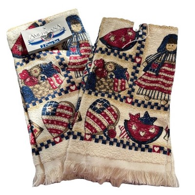 Vintage Kitchen Dish Towels Lot of 4 Americana Hearts Stars Primitive Flag T8