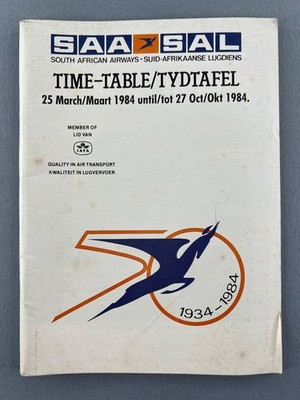 SOUTH AFRICAN AIRWAYS AIRLINE FLUGPLAN SOMMER 1984 SAA SAL STRECKENKARTE 50 JAHRE