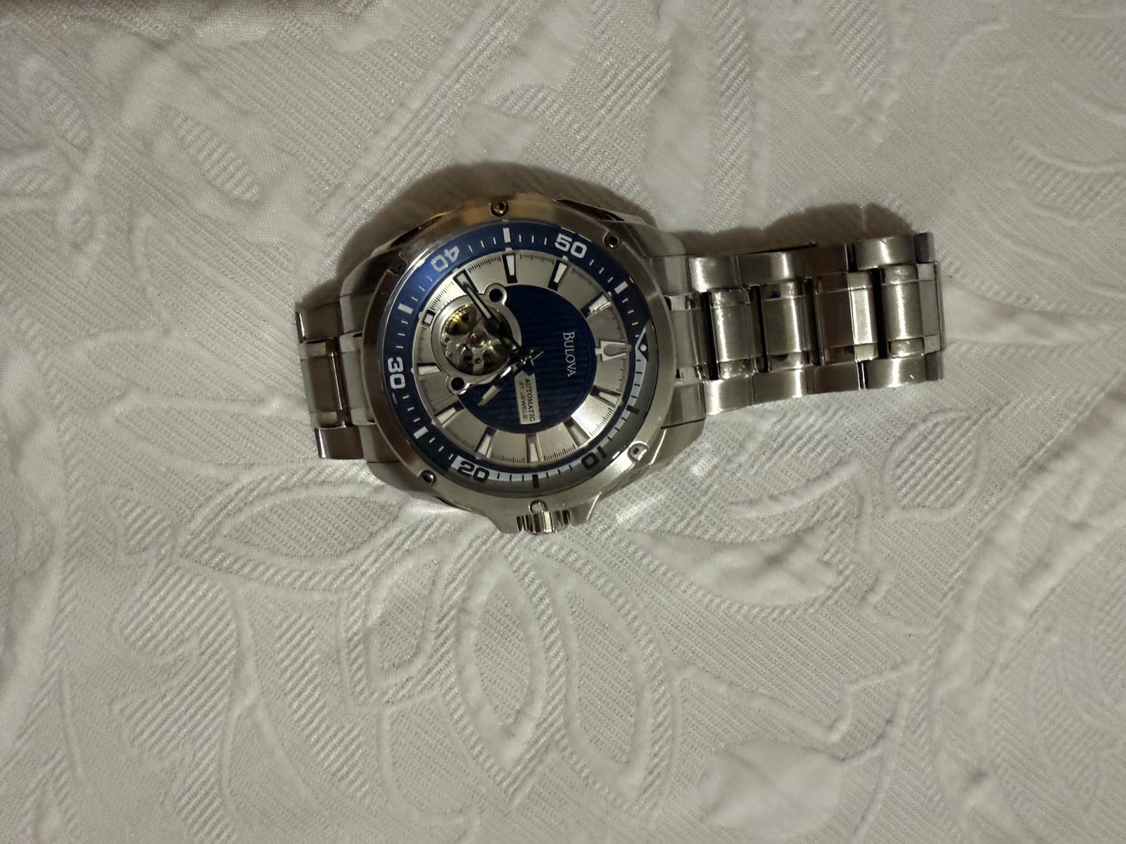 Bulova Automatic Skeleton Blue Dial Wristwatch St… - image 3