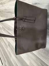 Tory Burch McGraw Leather Tote Silver Maple With Green Interior