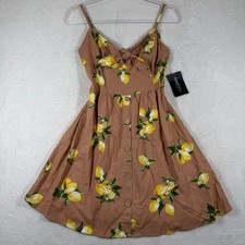Sweet Rain Lemon Print Linen Blend Tie Front Mini Dress Tan Yellow Small