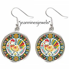 Chicken EARRINGS Scandinavian Folk Art Print Silver Charm Dangle Earrings