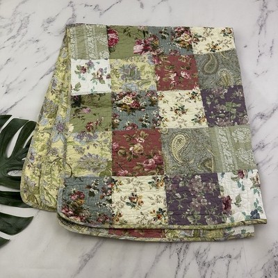 Vintage 90s Handmade Throw Blanket Quilt Green Purple Patchwork Floral Cottage
