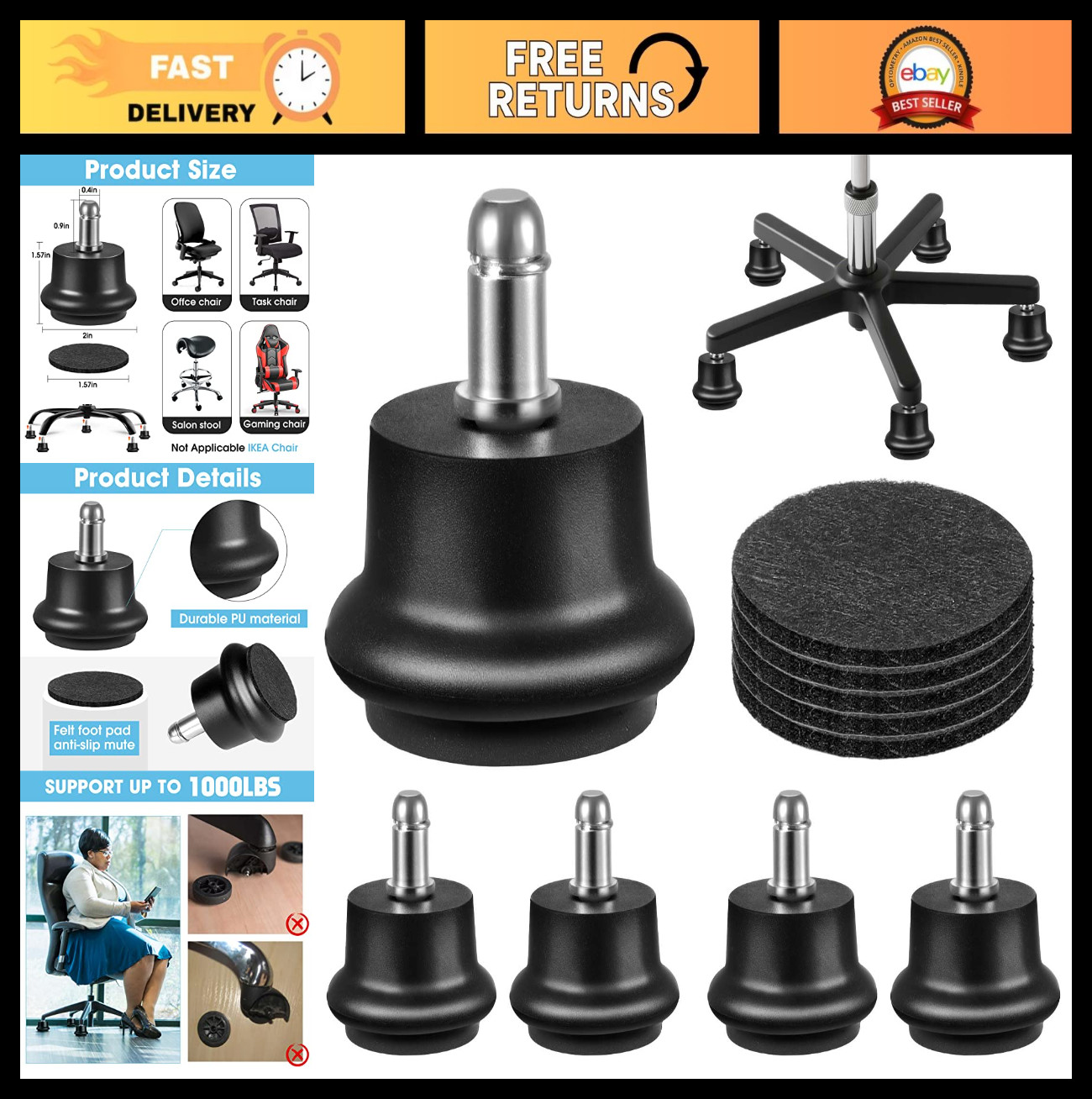 Caster Wheels With Felt Pads, 5pcs Stopper Feet For Car