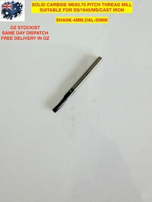 THREAD MILLING CUTTER M6X.75 PITCH SOLID CARBIDE COATED SUITABLE SS/1045/MS