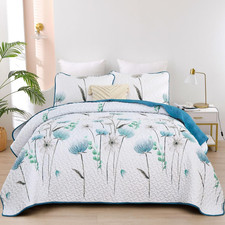 King Size Quilt Set Floral,3 Pieces Teal  White Quilts Coverlet Set Flower Beds