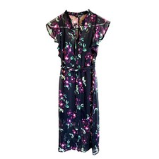 Express Black Floral Midi Dress Sheer Ruffles Short Sleeve XS Whimsigoth