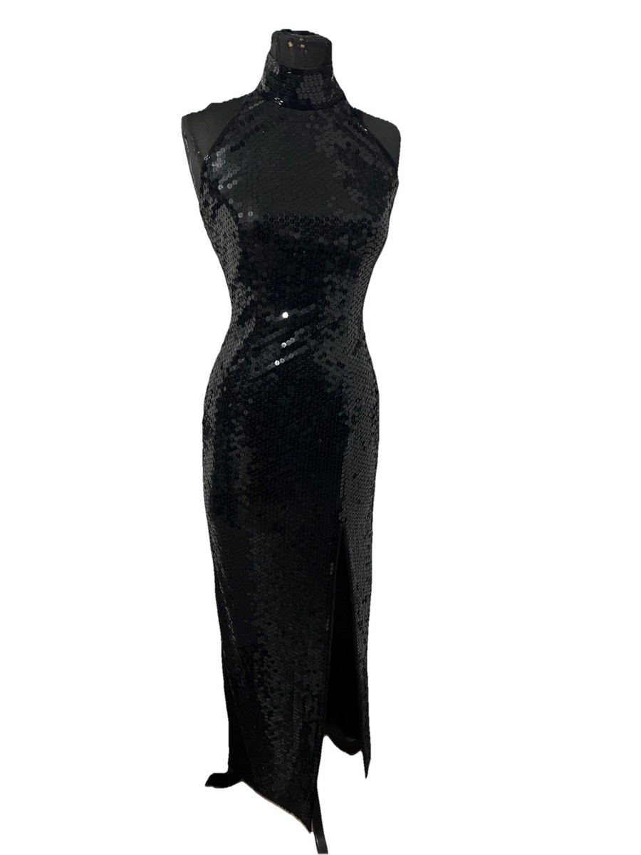 Vtg NiteLine By Della Roufogali Black Sequin High Neck Open Back Maxi Dress