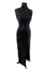 Vtg NiteLine By Della Roufogali Black Sequin High Neck Open Back Maxi Dress