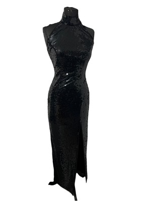 Vtg NiteLine By Della Roufogali Black Sequin High Neck Open Back Maxi Dress 