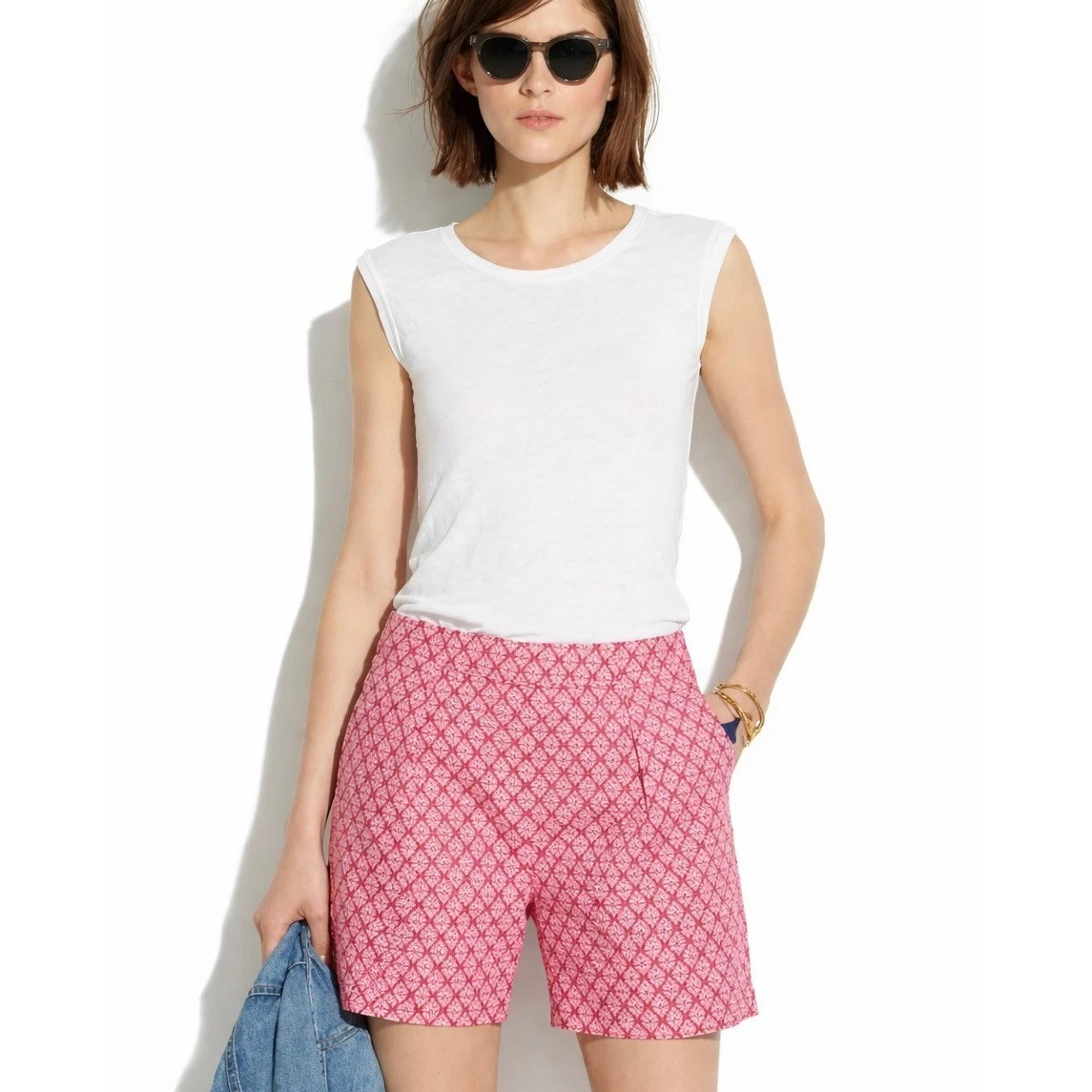 Madewell Tulip Tree Deck Shorts Red White Floral Block Print Linen Cotton Size 8