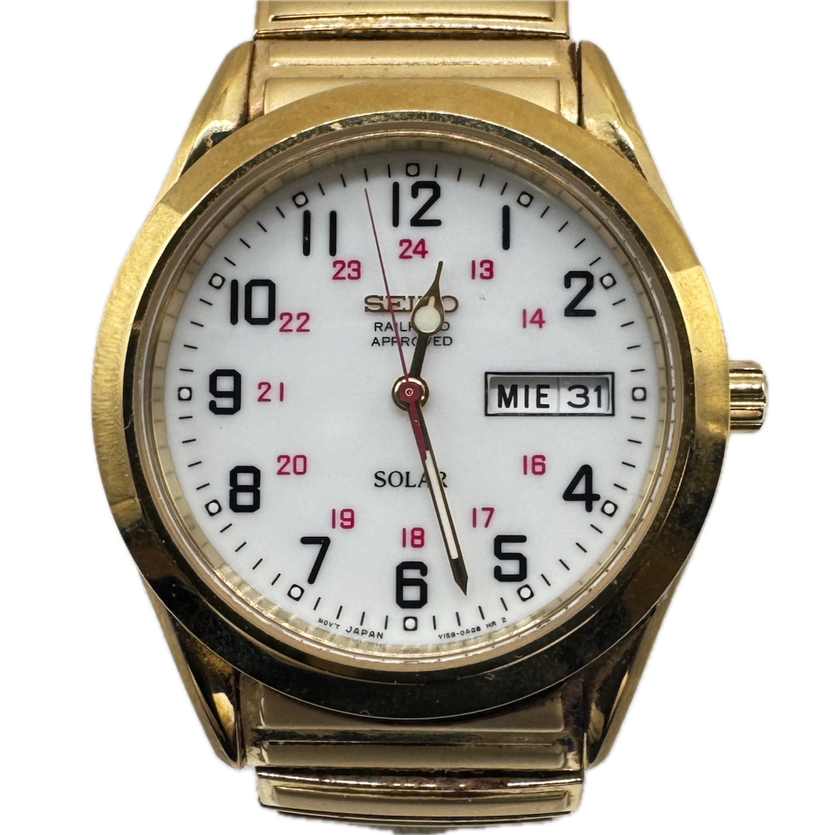 良品 SEIKO セイコー ゴールド V158 ソーラー 腕時計 メンズ デイト Vintage Seiko V158 0AB0 Railroad Solar Men's Quartz