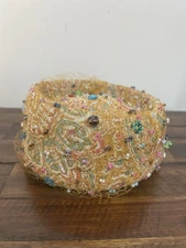 Vintage Union Made Gold Multicolor Beaded Cocktail Hat Netting 22” 1950s