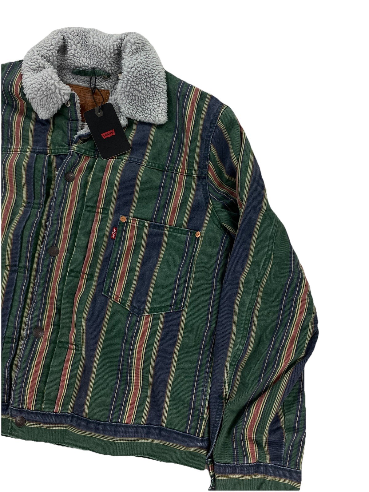 NEW Levi's Strauss Premium Type 1 Sherpa Jacket Python Green Striped Mens Canvas