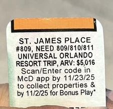 2025 McDonald’s Monopoly St James Place Unredeemed #809