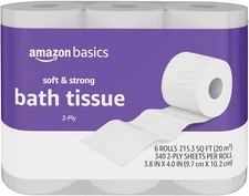 Amazon Basics 2-Ply Toilet Paper 6 Ultra Rolls = 24 Regular Soft Strong
