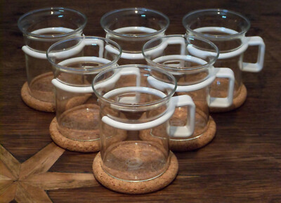 80er Jahre - 6er Set BODUM Teegläser Kaffee  Bistro  Griff weiß Kork-Untersetzer