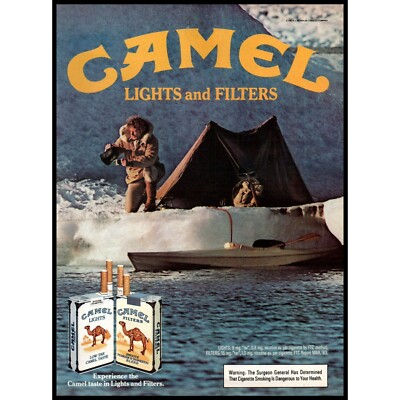 1984 Camel Cigarettes Vintage Print Ad Winter Pack Ice Tent Kayak Nature Photo