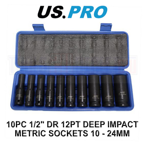 US PRO Tools 10PC 1/2"" DR 12PT Deep Impact Metric Sockets 10 - 24mm 7540