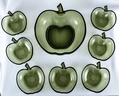 Farmhouse Vintage Solid Green Glass Apple Shape 8 Desert Fruit Bowls Set