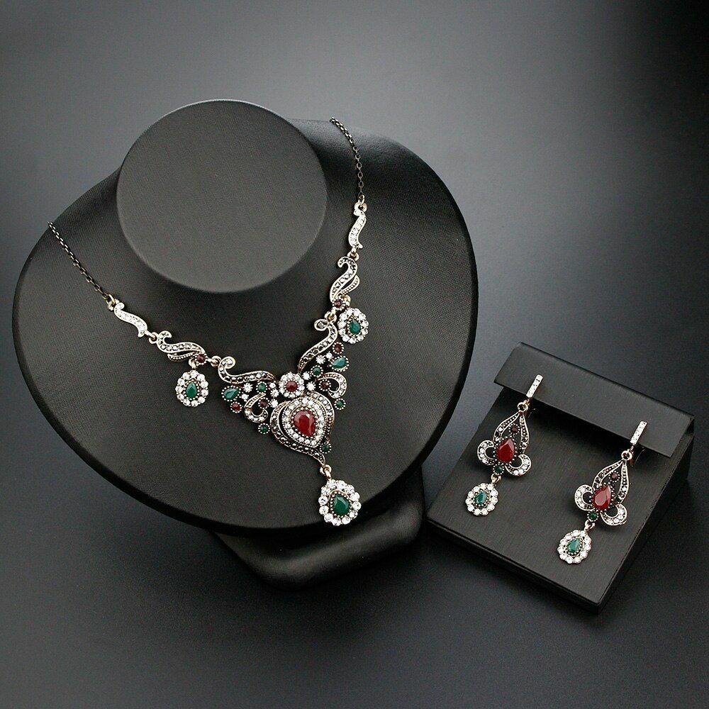 Vintage Turkish Style Flower Resin Drop Earrings Necklace Set Fashion  Jewelry