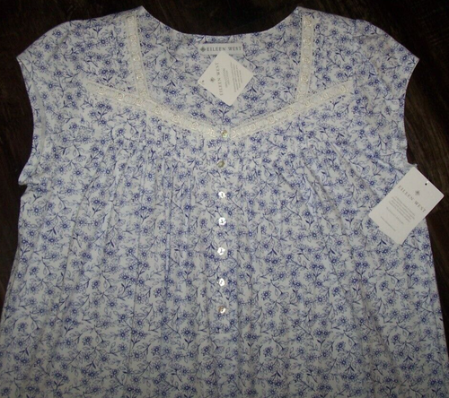 NWT Eileen West White/Navy SKETCHED FLORAL 37" Nightgown M SOFT 100% COTTON KNIT