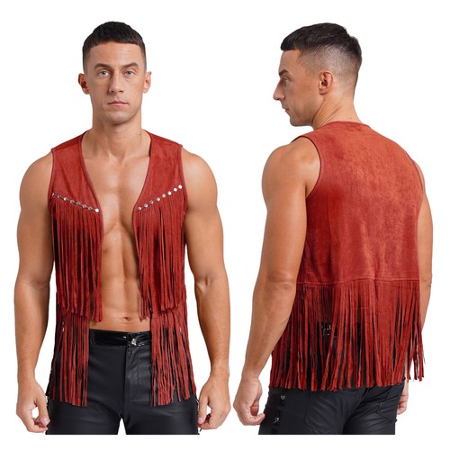 Gilet cowboy uomo nappa rivetti frange gilet giacca western costume rock - Foto 39 di 53