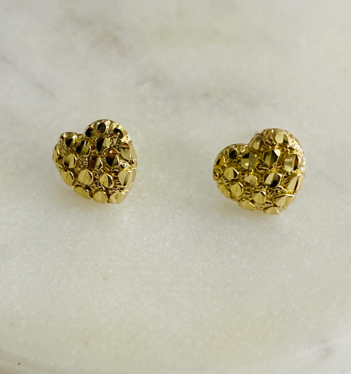 10K Solid Yellow Gold Heart Nugget Stud Earrings- 10mm x 11mm- AGE13