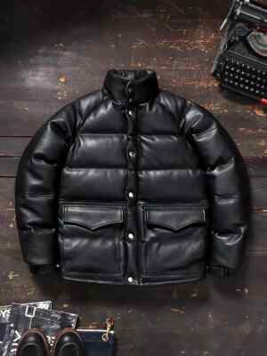 Men's Puffer Jacket 100% Lambskin Leather Quilted Bomber Jacket - Black Colour