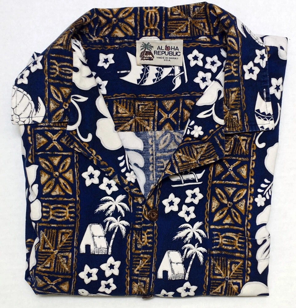 Aloha Republic Hawaiian Aloha Shirt ~ Tiki Huts ~ Turtles ~ Ships ~ Tapa ~ Large