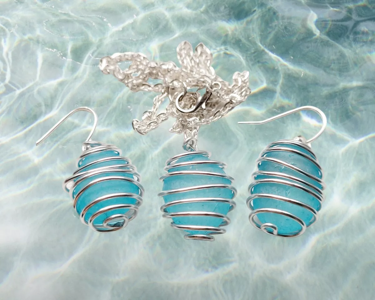 Wire Wrapped Blue sea glass pendant necklace dangle earrings set