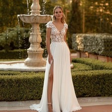 Boho Wedding Dress 2026 V Neck Cap Sleeves A Line Bridal Gown High Slit