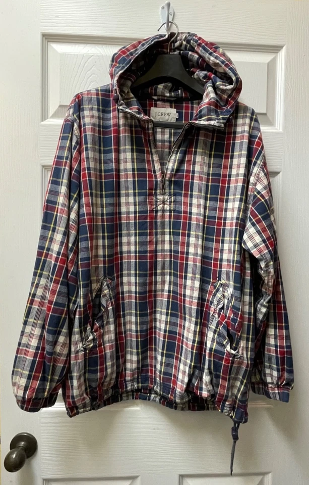 Vintage J. Crew Men's Medium Navy/Red Plaid Cotton Hooded Anorak Jacket 90's - Image 3 of 4