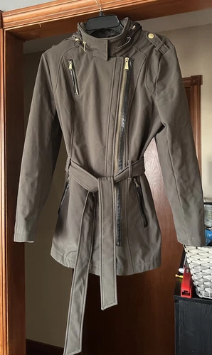 Cappotto invernale Michael Kors Wmn M full zip antracite con cintura caldo elegante cappuccio nascosto