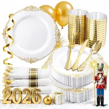 350PCS Gold Plastic Plates - Gold Plastic Dinnerware Sets for 50 Guests - 100...