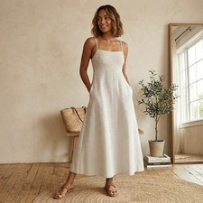 Madewell Women's Striped Linen Empire-Waist Midi Dress in Lighthouse, sz XS