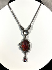 925 Sterling Silver Marcasite  Siam Red Glass Statement Necklace Art Deco Revial