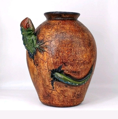 Rare Vintage Signed Solis Ollin Glazed Abstract 3D Lizard Ceramic Pottery Vase 