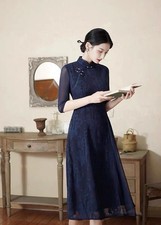 A15 Women Chinese Style Qipao Dress Floral Jacquard Midi Cheongsam