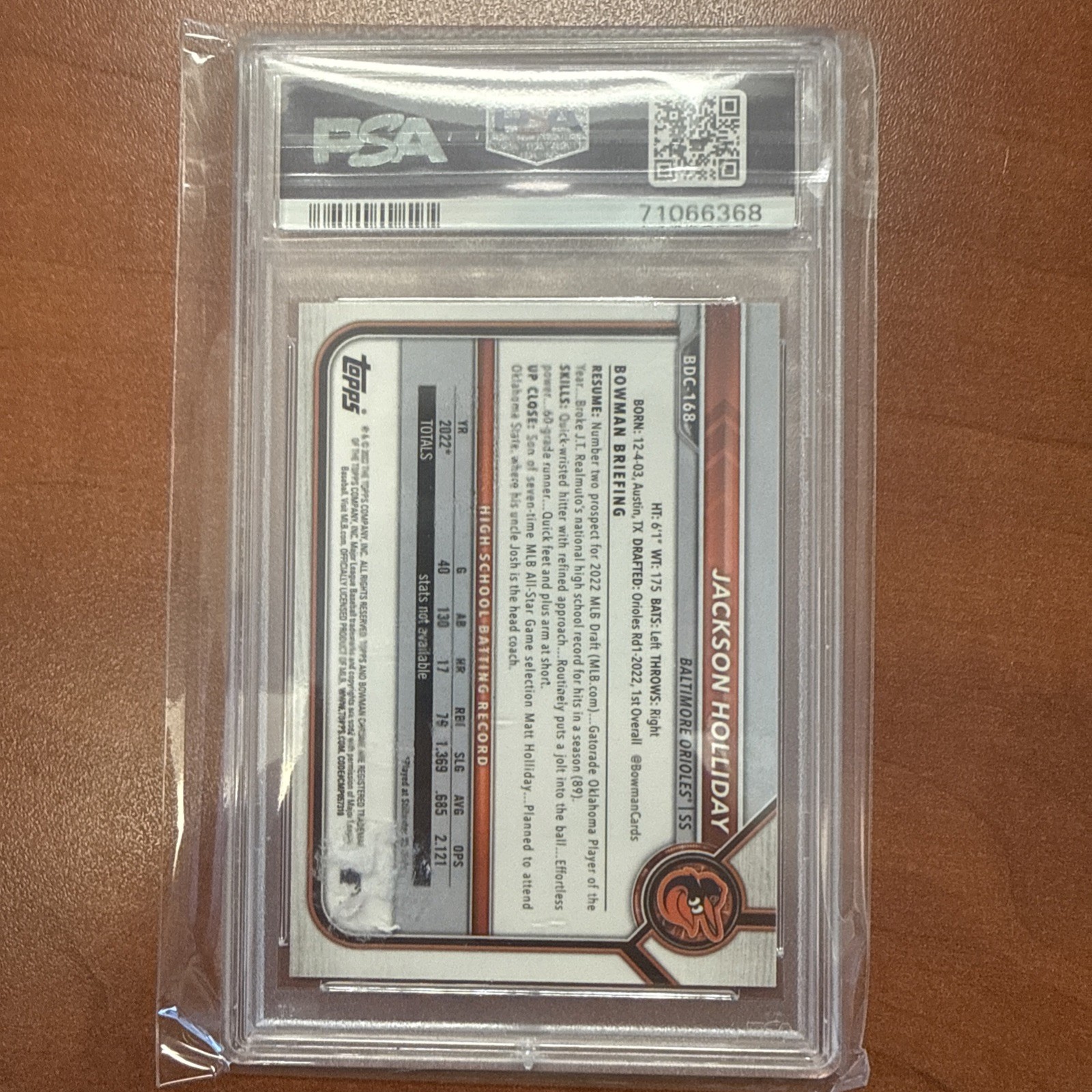 2022 Jackson Holliday 1st Bowman Draft Chrome Sky Blue Refractor Orioles PSA 9 view 3