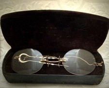 Antique Victorian Pince Nez  Pinch Nose 10 K Gold Framed Glasses With Case